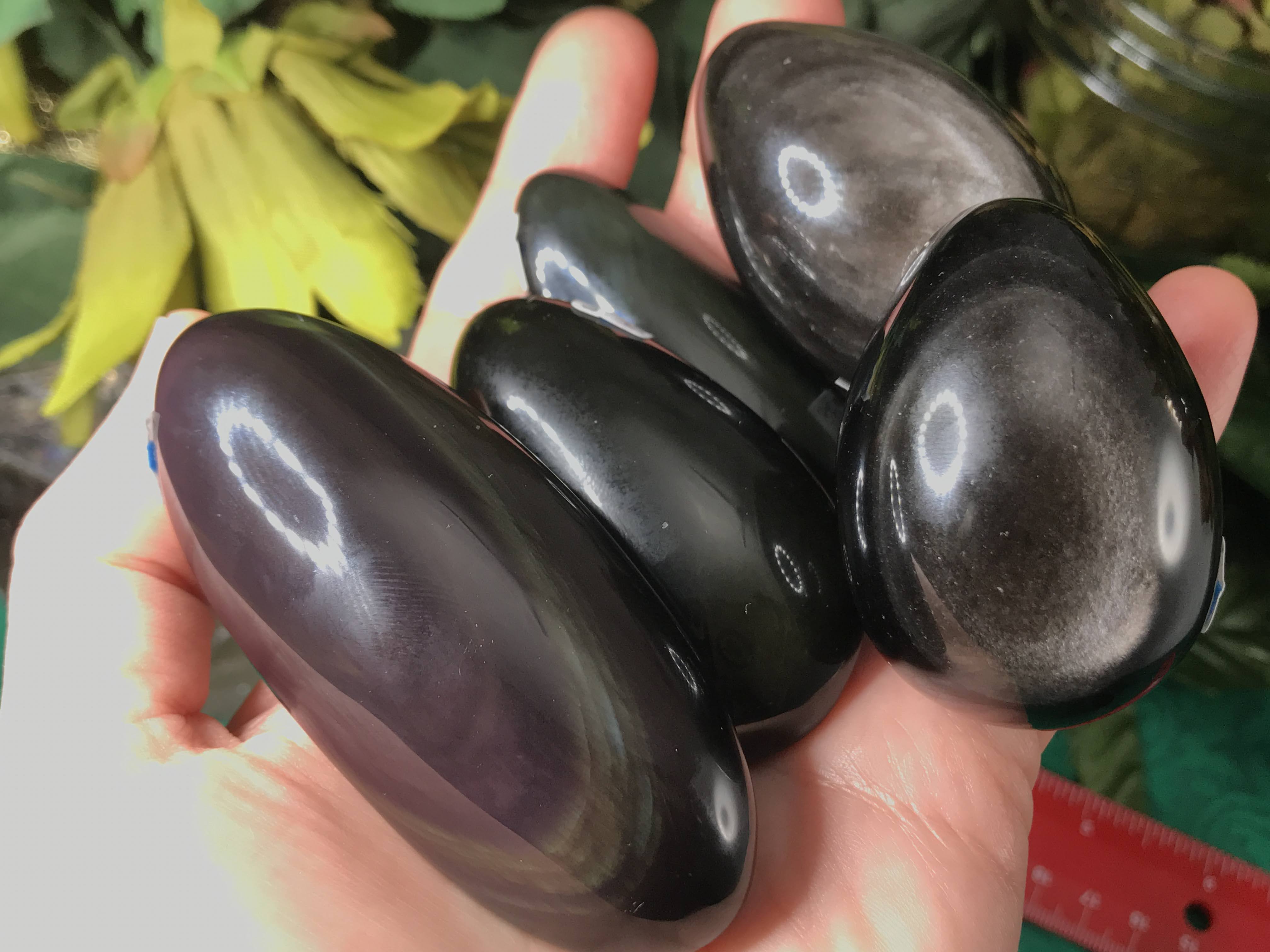 Obsidian-Rainbow Obsidian Palm Stones & Silver Sheen Obsidian Eggs!