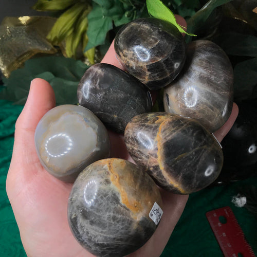 Black / Peach Moonstone Palm Stones! (376 to 381)
