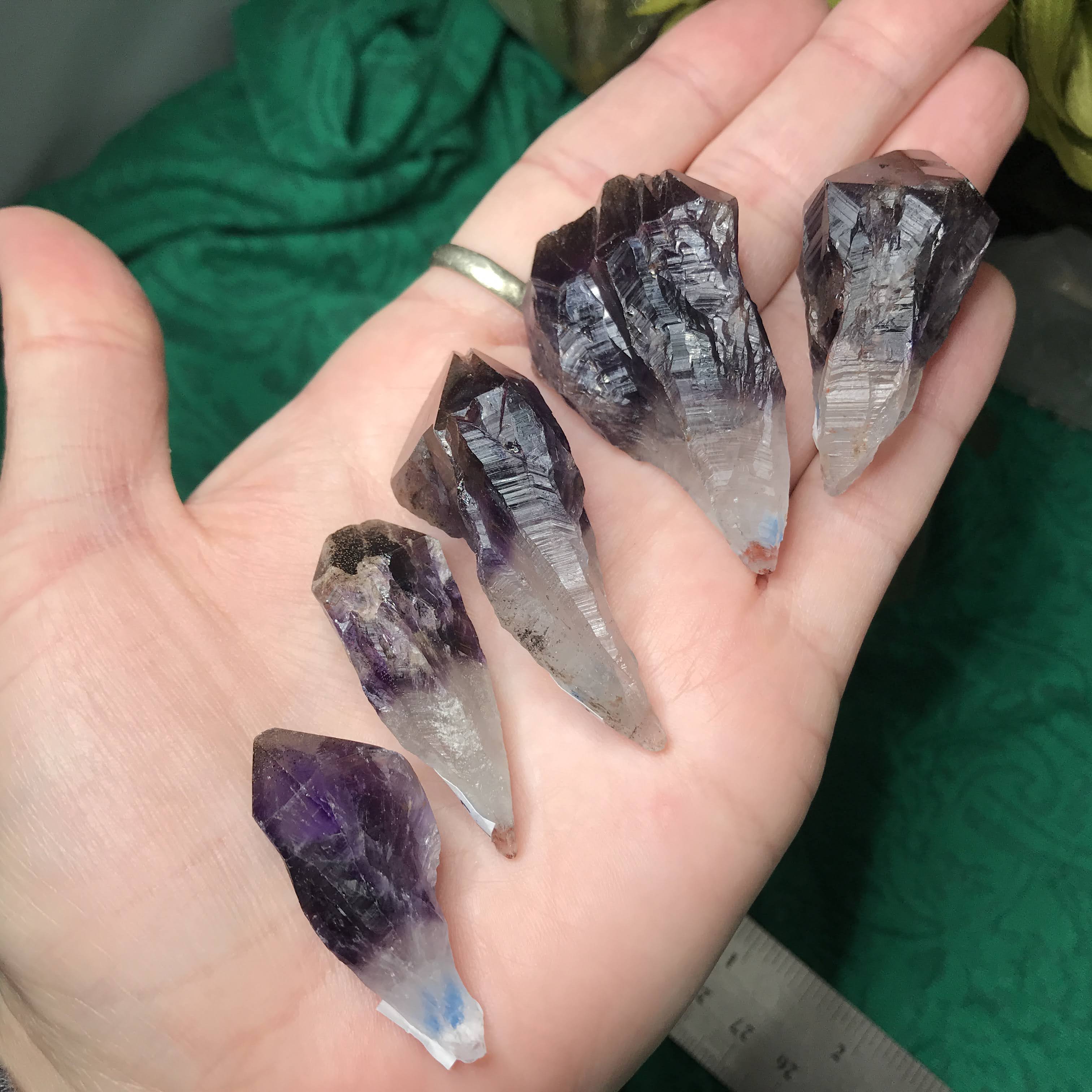 Amethyst- Elestial Amethyst Points with Hematite, and Clear Quartz Roots! (849, 854, 860, 859))