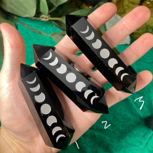 Obsidian- Moon Phase Carved Black Obsidian DT / Double Terminated Points! (B957/B958/B959)