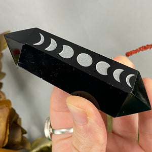 Obsidian- Moon Phase Carved Black Obsidian DT / Double Terminated Point! C431