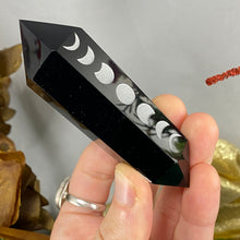 Load image into Gallery viewer, Obsidian- Moon Phase Carved Black Obsidian DT / Double Terminated Point! C431