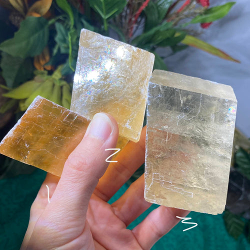Calcite - Honey Golden Calcite Rhombohedron Shape with Rainbows! (B680/ B682 / B683)