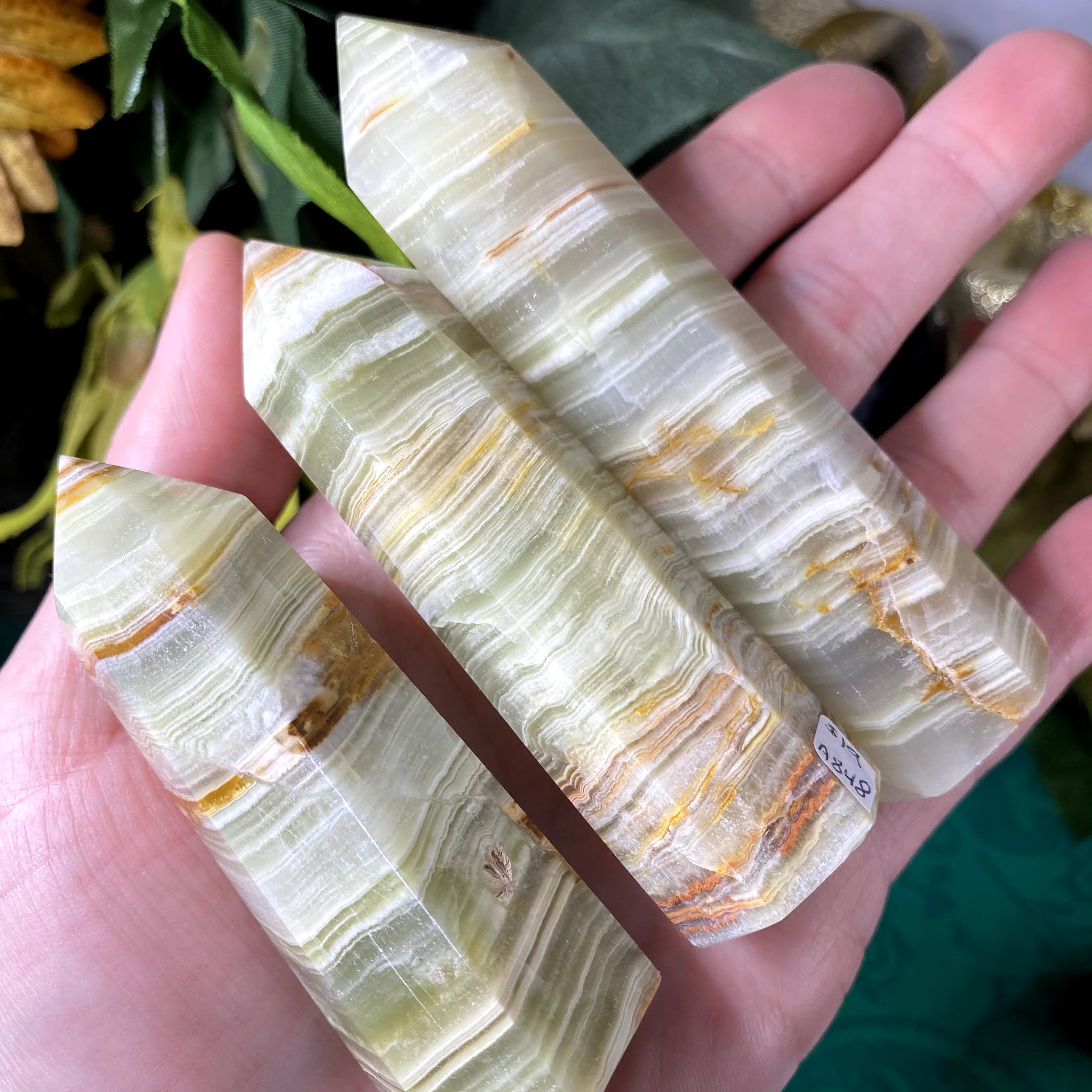 Green Calcite- Bright Gorgeous Banded Green Calcite Towers / Obelisks / Points! (A847/A848/A849)