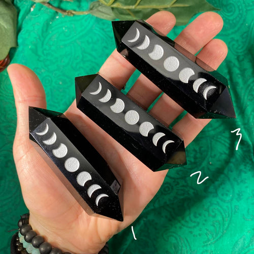 Obsidian- Moon Phase Carved Black Obsidian DT / Double Terminated Points! (C429/C430/C432)